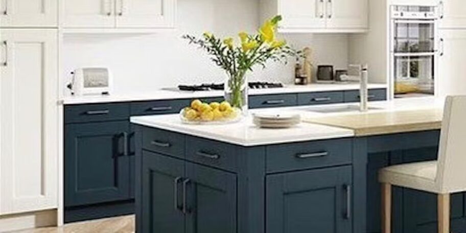 White kitchen cabinet ideas two tone cabinets with blue island jpg
